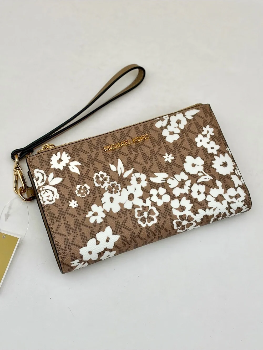 Michael Kors Brown & White Floral Logo Wristlet